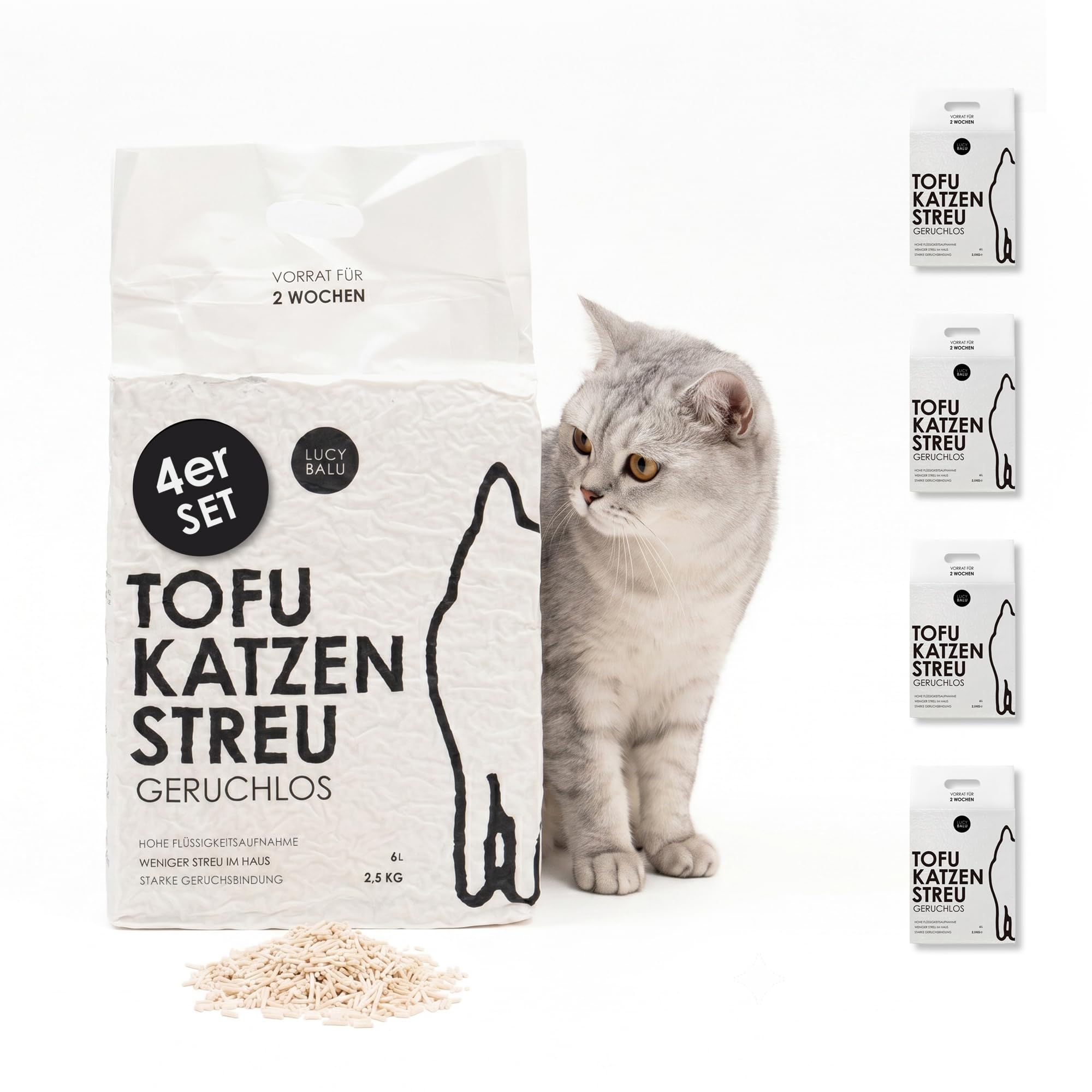 LucyBalu® TOFU Katzenstreu | Klumpendes Katzen Streu | Geruchsbindend und nachhaltig | 4er Set | 24 Liter | Geruchslos