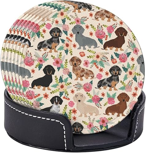 Miniatura 2 de Posavasos con estampado de perro salchicha, 6 posavasos de cuero con soporte, posavasos para bebidas calientes o frías