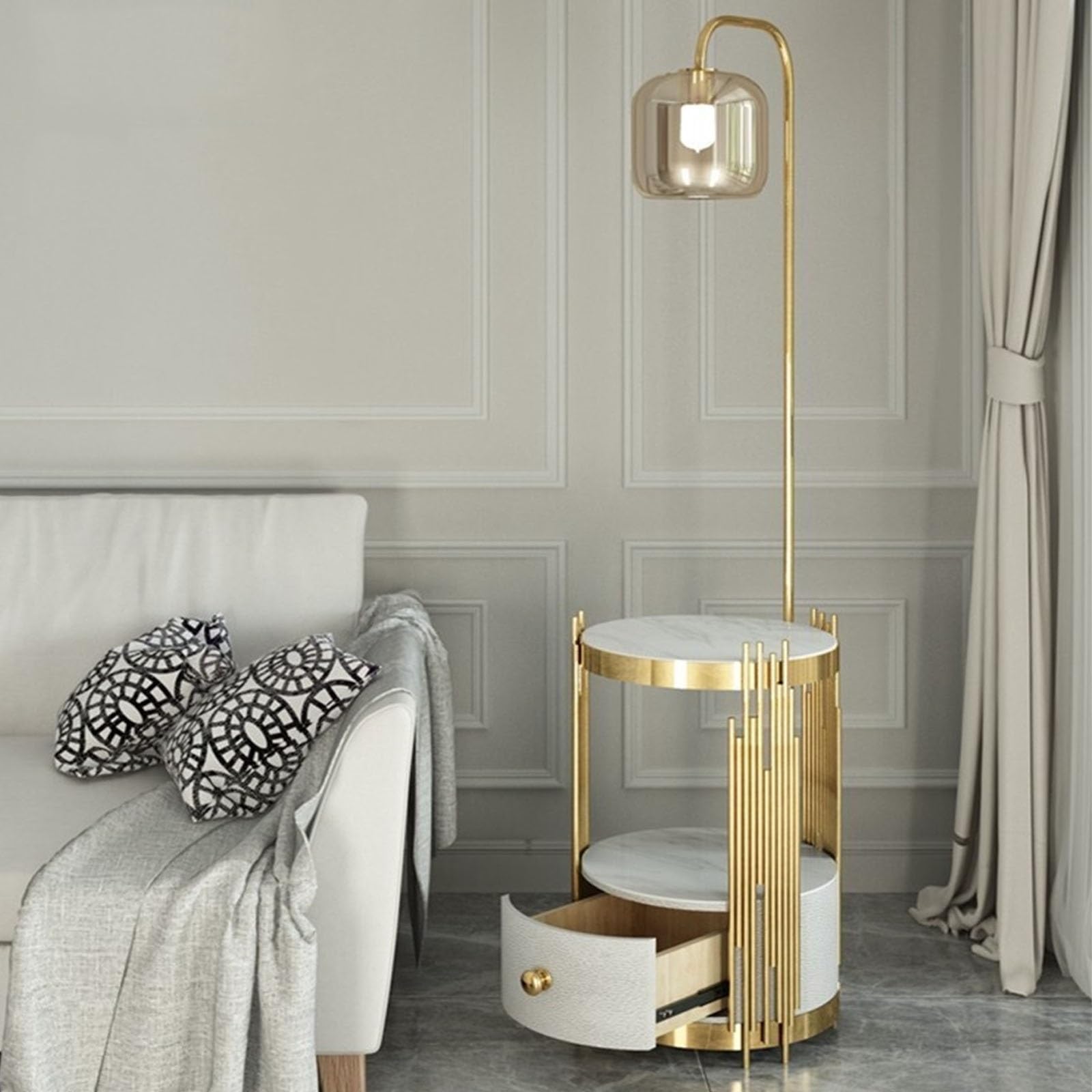 Lampa podłogowa Lampa podłogowa ze stołem i szufladami, stolik końcowy z 3 lampkami do czytania o temperaturze barwowej, boczna lampa stołowa z portem ładowania USB do salonu, sypialni