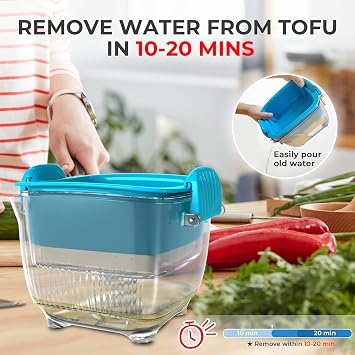 Large 20 oz Tofu Press, Easily Remove Water from Tofu in 10-20 Mins, Vegan Tofu Presser for Firm or Extra Firm Tofu, Dishwasher Safe & BPA Free, with Drip Tray, Tofu Recipe Included