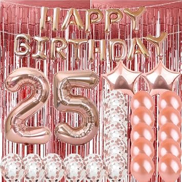 Sweet 25th Birthday Decorations Party Supplies,Rose Gold Number 25 Balloons,25th Mylar Balloons Rose Gold Foil Fringe Curtains Photo Backdrop Great 25th Birthday for Girls,Women,Men