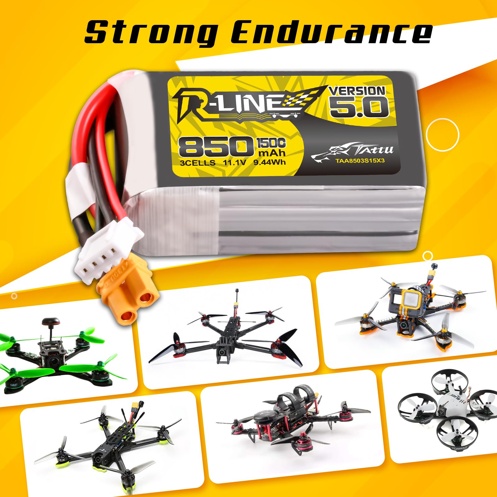 TATTU 3S Lipo akumulator 850 mAh 11,1 V 150C 3S1P bateria z wtyczką XT30 do dronów FPV o średnicy od 3 do 5 cali