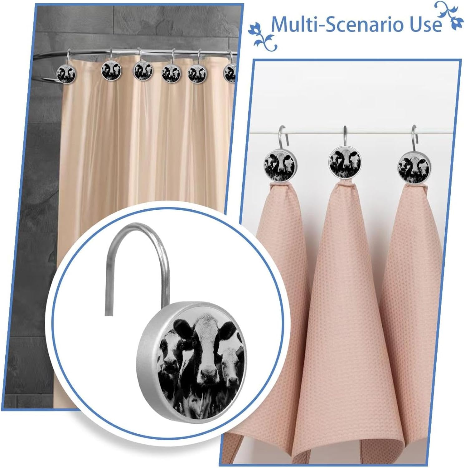 Set of 12 Shower Curtain Hooks, Shower Curtain Rings Crystal Glass Decorative Bathroom Hook, Black White Cows (2)
