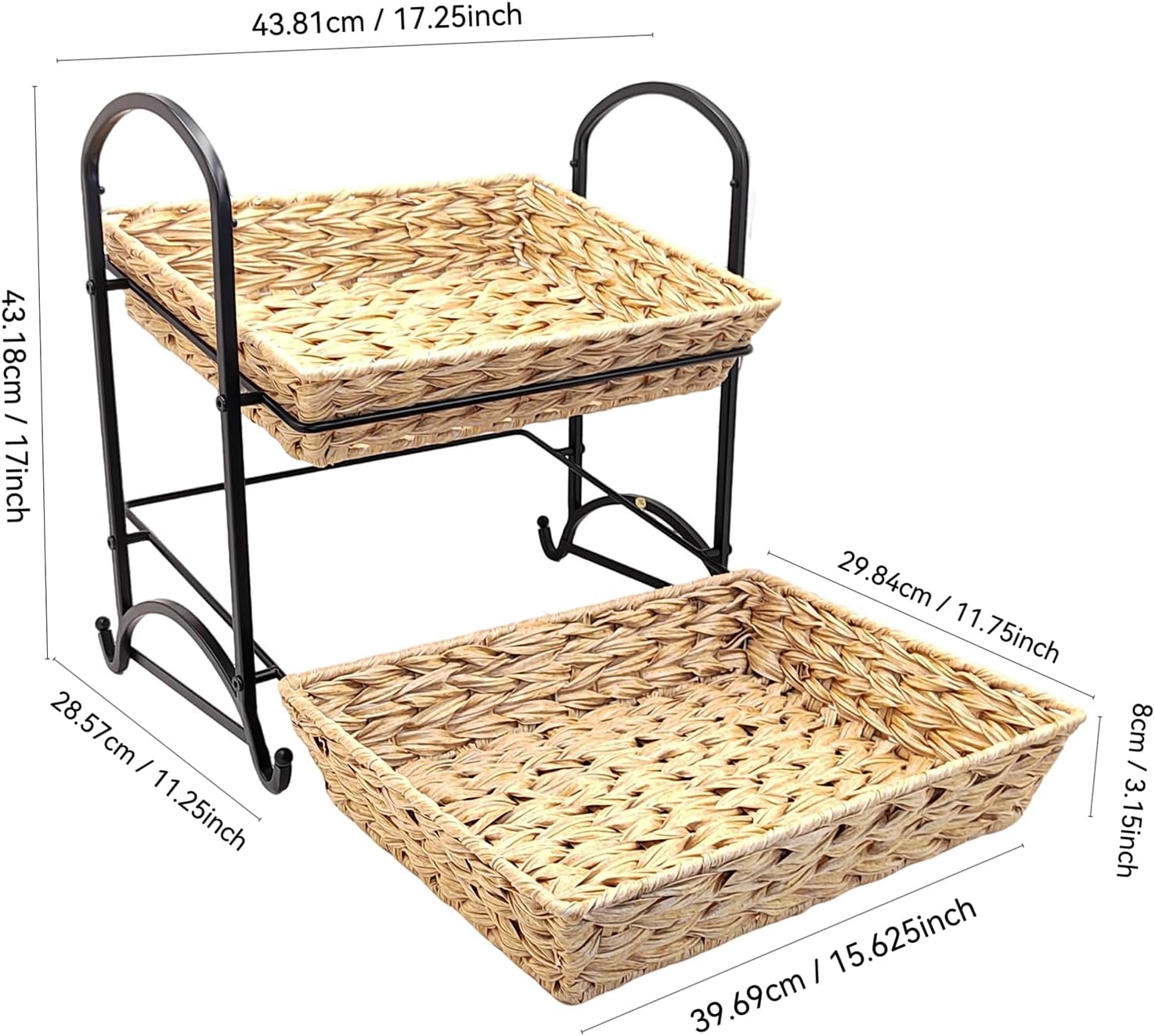 2-Tier Plastic Rattan Wicker Storage Basket with Metal Frame, Countertop Organizer Shelf for Kitchen, Bathroom, Pantry, Fruit, Vegetables, Snacks, Toiletries|Coffee Capsule, Coke,Can Rack