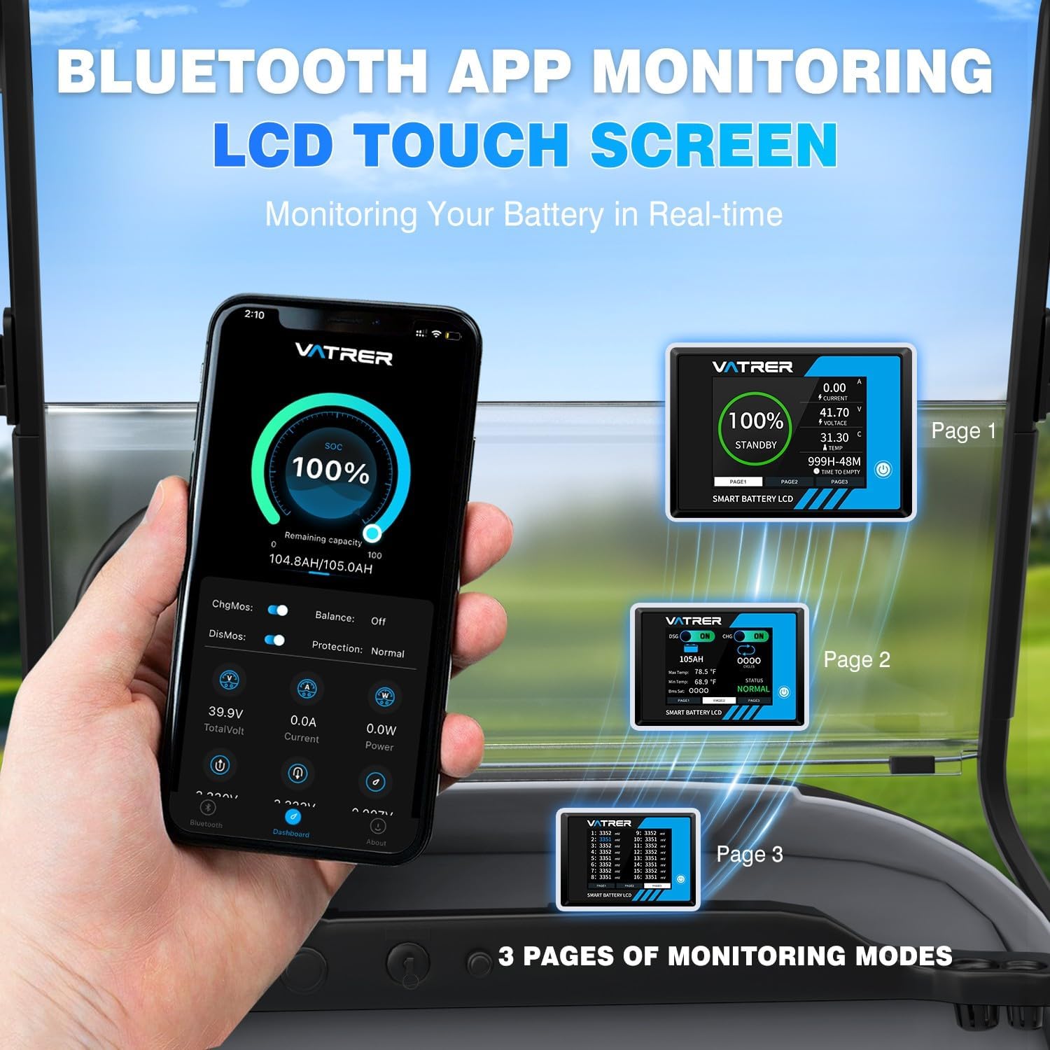 51.2V 105Ah Lithium Golf Cart Battery, Built-in Smart 200A BMS, with Touch Monitor & Mobile APP, VATRER POWER 4000+ Cycles Rechargeable LiFePO4 Battery, Max 10.24kW, Perfect for Golf Carts