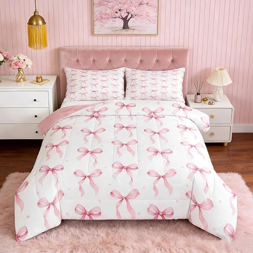 Feelyou Pink Bow Comforter Set Full Size for Kids Boys Girls
