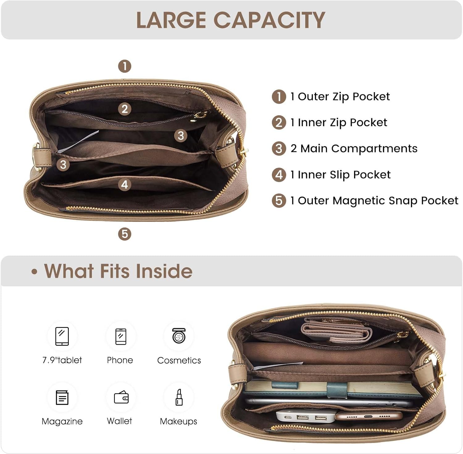 Kattee Leather Handbags for Women 2026, Soft Shoulder Tote Crossbody Purses Bucket Bags with 2 Detachable Straps - Image 5