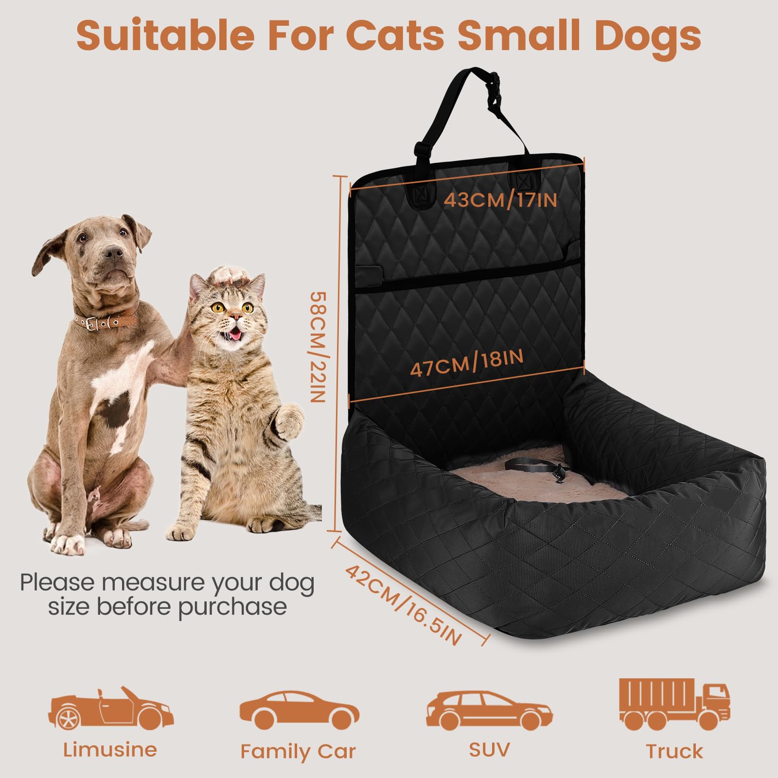 HAPPY HACHI Legowisko dla psa Pokrowiec na fotel samochodowy Pet Car Booster Seat 2 w 1 Front Back Protector Pet Lookout Przenośny fotelik samochodowy Travel Carrier z grubą budą i paskiem bezpieczeństwa