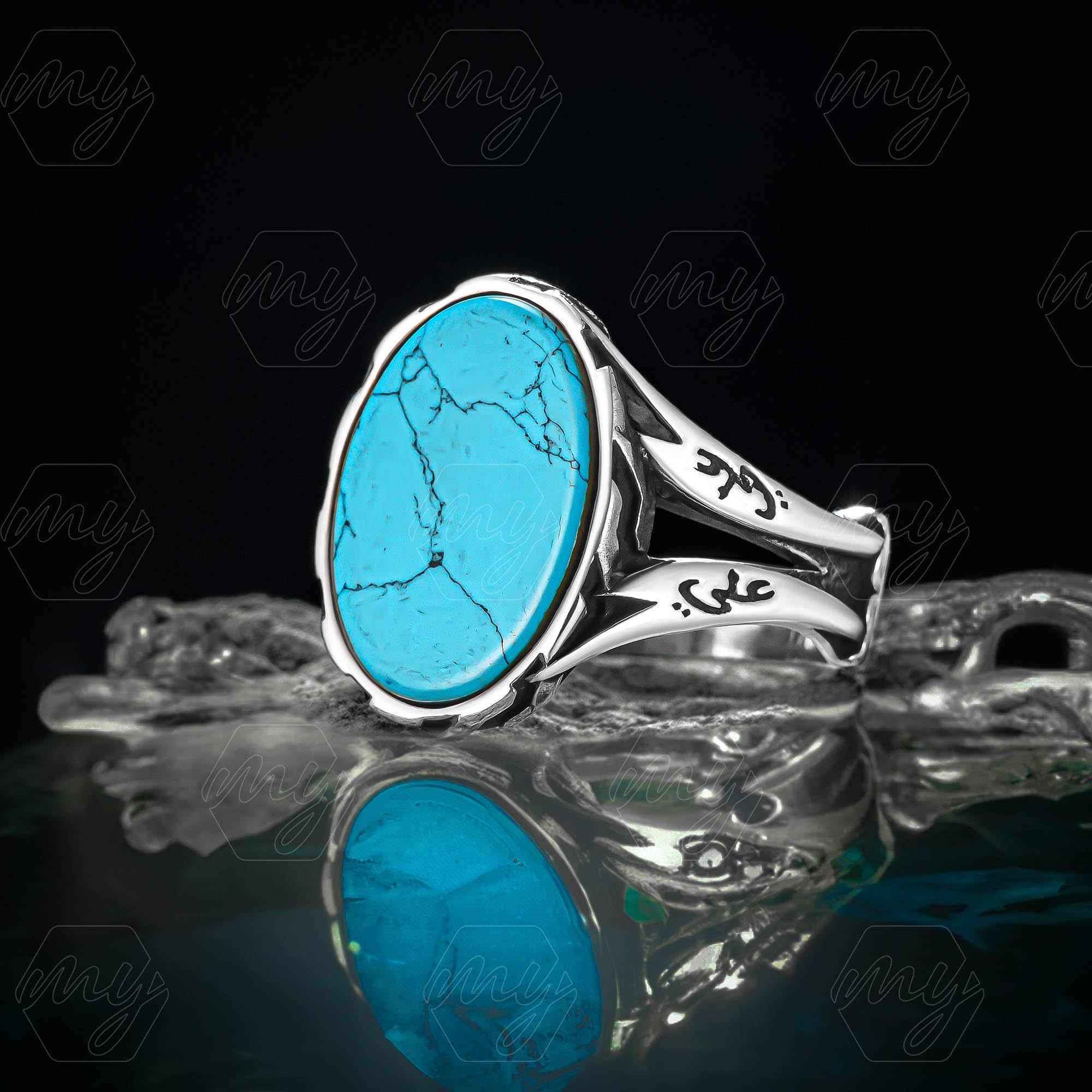 Herren-Ring aus 925er-Sterlingsilber mit türkisfarbenem Stein und Schwert von Ali Zulfiqar