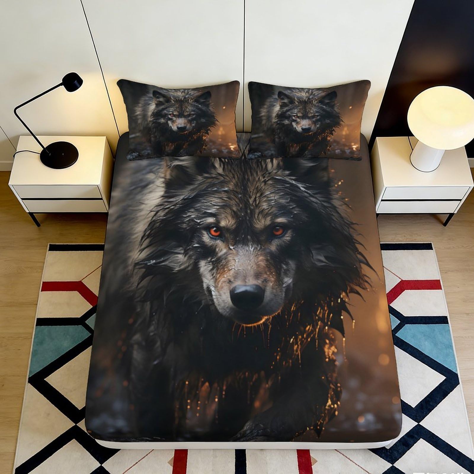 3D Printed Wild Wolf Fitted Sheet Microfiber Soft Breathable Fire Wolf Mattress Cover for Bedroom Dorm Decor 90x200x25cm