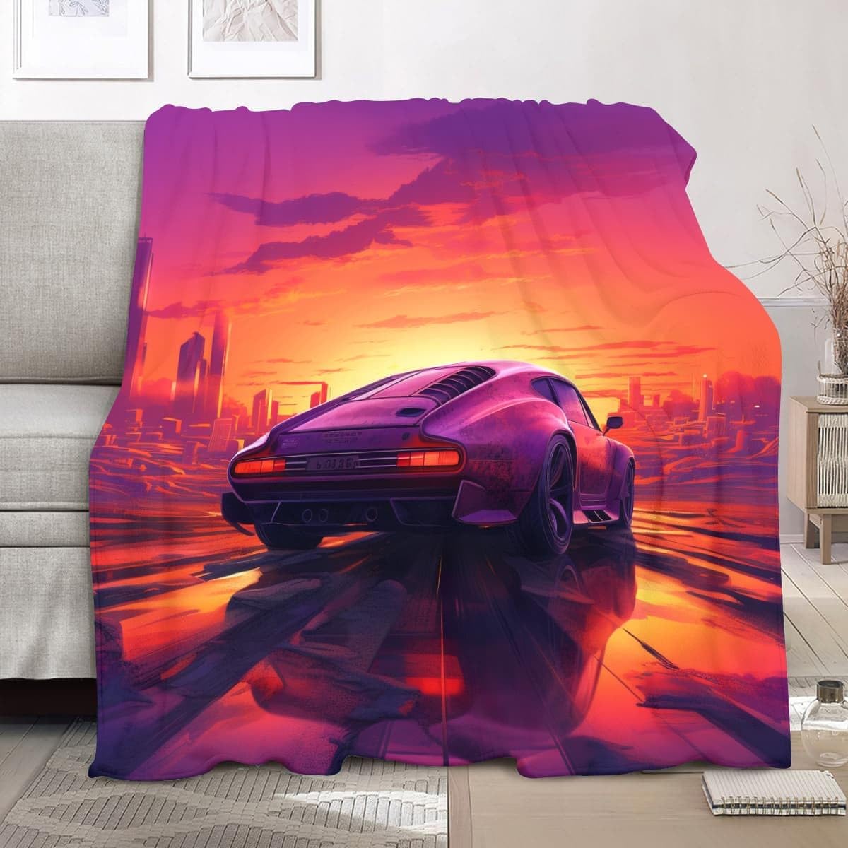 Coperta Pile 180x220 cm Auto Sportiva Al Neon Coperta Plaid Pile Divano Blanket in Flanella, Viola Coperta Letto Matrimoniale Calore Morbida, Coperta Leggera Per Campeggio e Viaggi