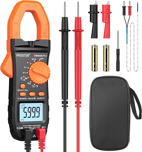 Proster Digital Clamp Meter TRMS 6000counts, 800A DC AC Current AC/DC Voltage NCV Continuity Capacitance Resistance Frequency Diode Hz Test, with1 PairTest Leads 1 Pair Alligator Clips