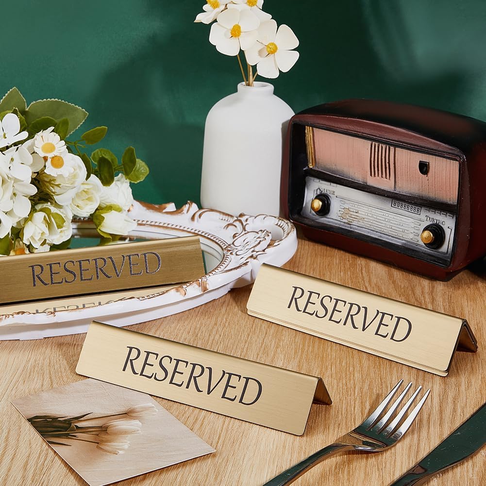 OLYCRAFT 12Pcs Golden Metal Reserved Table Signs Stainless Steel Table Top Reserved Sign Gold Reservation Seat Sign for Tables Tent Signs for Restaurant Wedding Office Meeting Party 5.9x1.5x1.3 Inch
