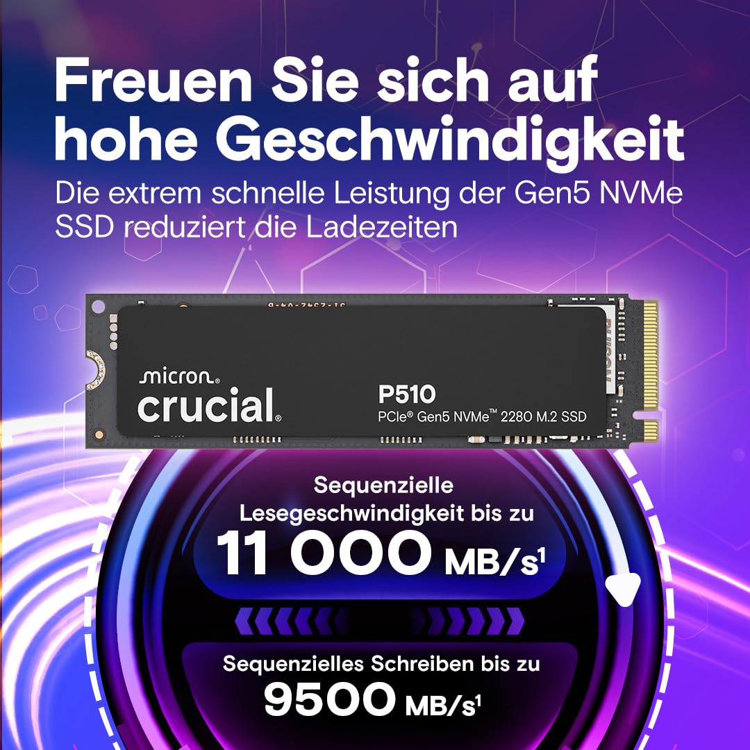 Crucial P510 SSD 1TB M.2 NVMe PCIe 5.0 x4 Gen5, bis zu 11.000 MB/s Lesen, 9.500 MB/s Schreiben, für Laptop und Desktop PC, TLC NAND, Interne Festplatte - CT1000P510SSD8-01