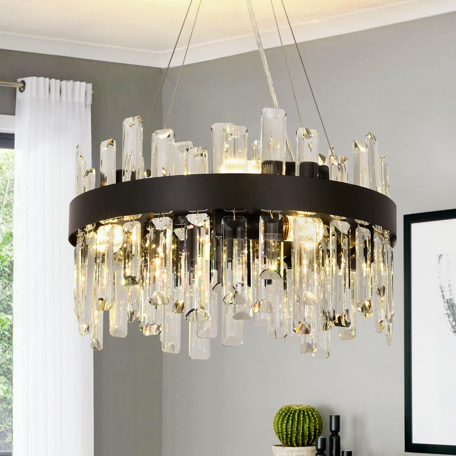 KUNYEEE Modern Crystal Black Chandelier, Round Crystal Pendant Lamp, 8 x E14 Pendant Light for Living Room, Dining Room, Bedroom, Φ40 cm