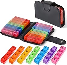 MIJOMA Pill Box 2 Weeks with 14 Colourful Day Boxes - Medicine Box with 4 Compartments (Morning, Noon, Evening, Night) - Pill Box in Book Case, Black
