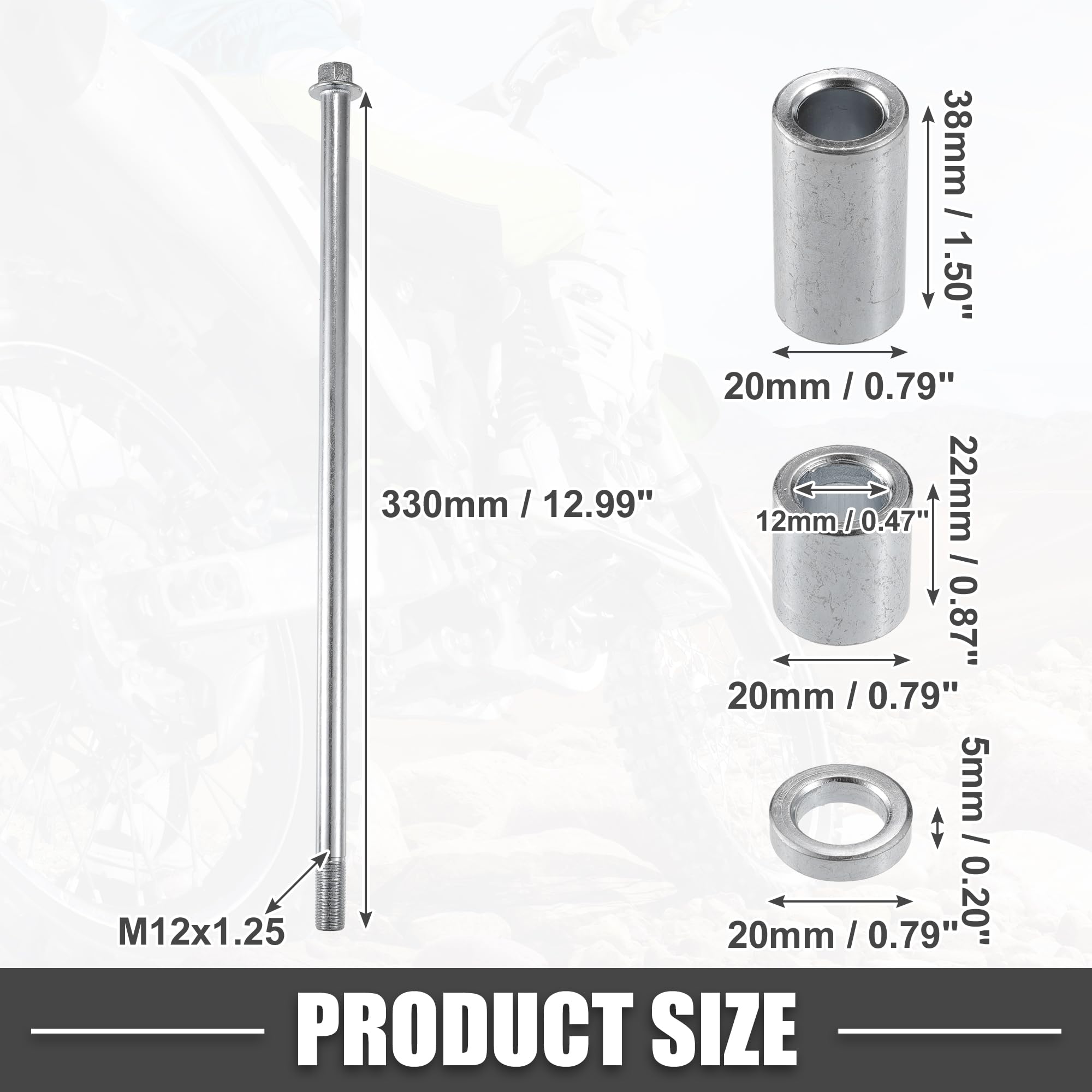 A ABSOPRO Essieu Avant Arrière Avec Bague Et Vis Boulon M12 330mm Dirt Bike Scooter Atv Essieu De Roue En Alliage D'Acier Ton Argent