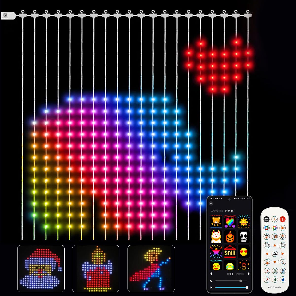 Rideau de lumières LED, 2x2m, 400 LEDs, RGBW avec IC, guirlandes lumineuses, connexion Bluetooth, rideau lumineux DIY, rideau LED intelligent, 210 modes pour salon, chambre, fêtes et