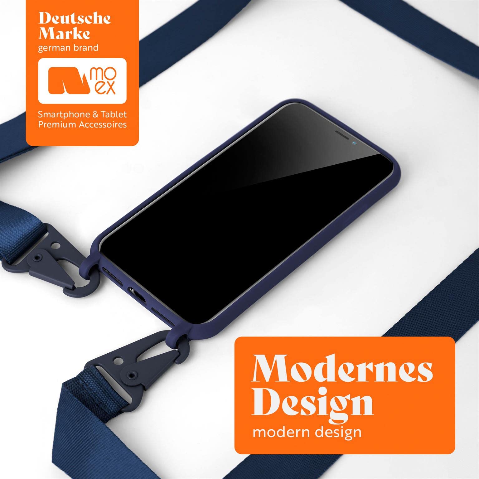 moex Hover Cover łańcuszek na telefon komórkowy Apple iPhone X/iPhone XS z szeroką taśmą, etui z paskiem do zawieszenia, zdejmowany nylonowy łańcuszek z karabińczykiem, stylowy i bardzo wytrzymały – granatowy