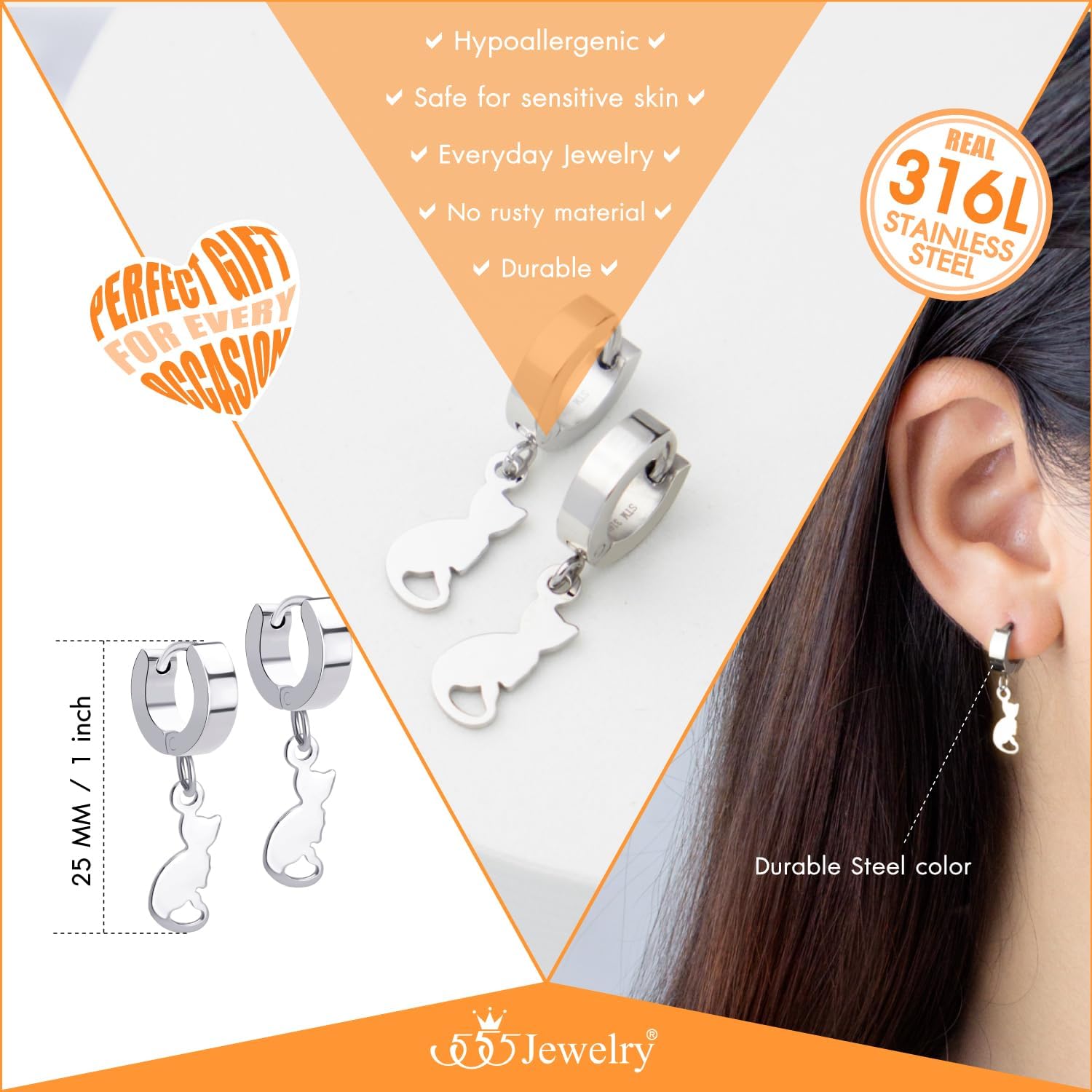 ‎555Jewelry Stainless Steel Cute Hanging Cat Earrings Dangling Drop - Cat Jewelry for Women - Image 4