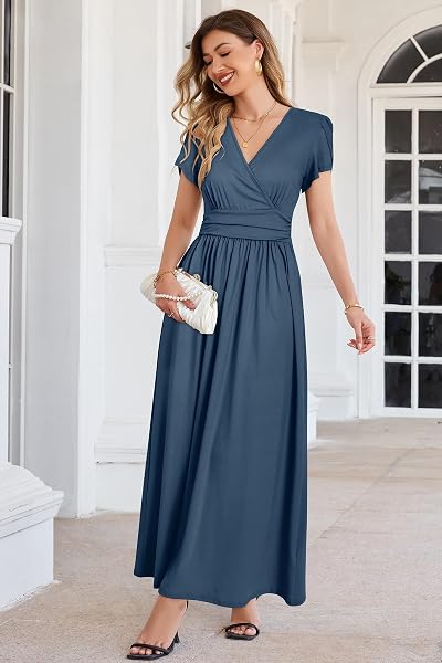OUGES Damen Maxi Umstandskleider Sommer Stillkleid V-Ausschnitt Kleider für Schwangere Wickelkleid - 3
