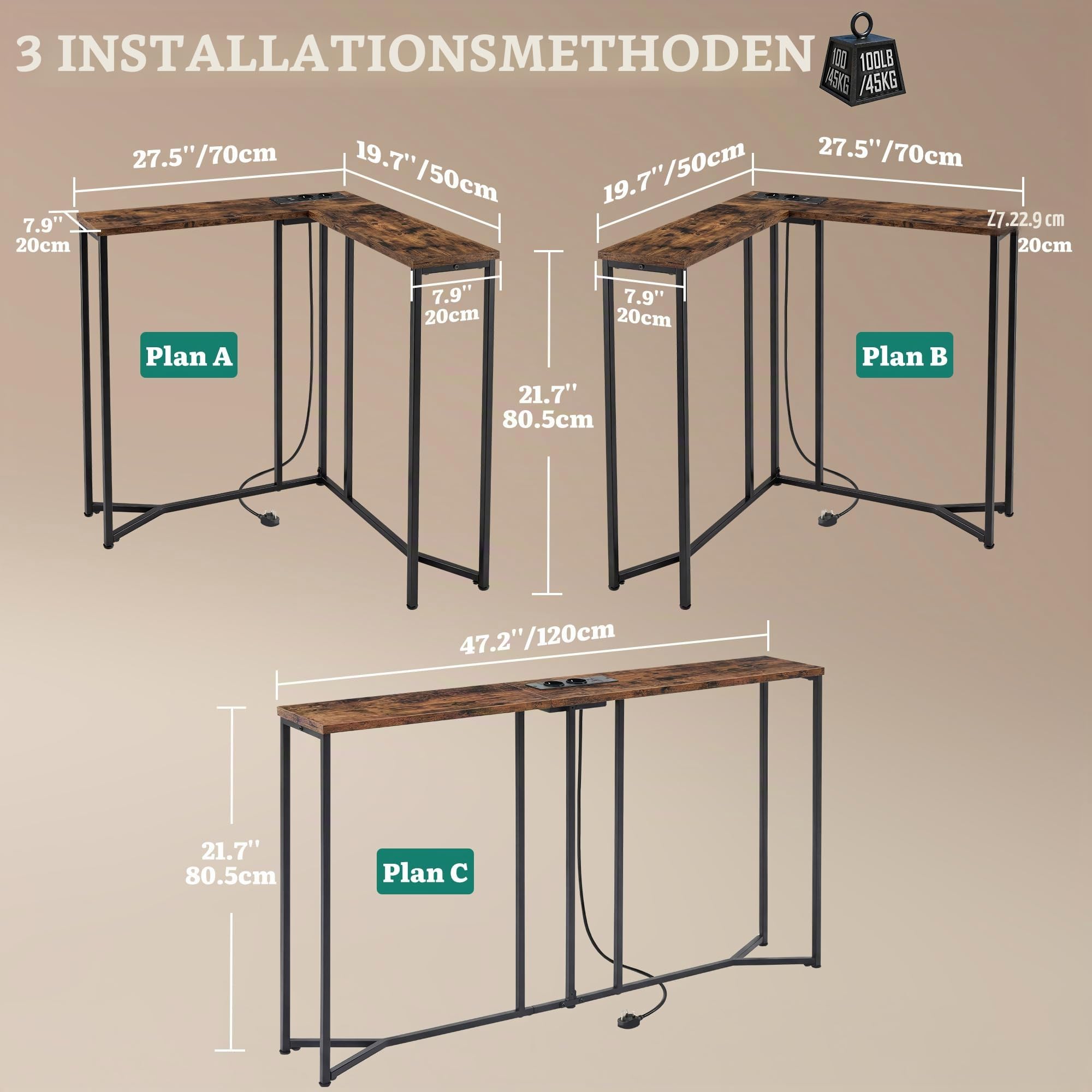 YITAHOME Konsolentisch mit Steckdosenleiste, L-förmiger Konsolentisch Shmal mit Ladestation, 2 Steckdosen und 2 USB-Anschlüsse, Sofatisch, für Eingangsbereich, Flur, 3 Kombinationsmodi, Schwarz