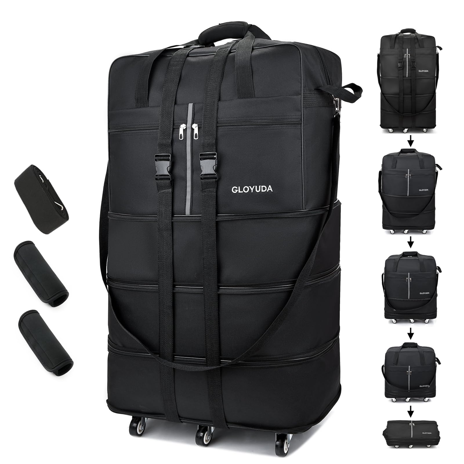 Faltbare Reisetasche mit Rollen, 93cm Reisetasche Groß, schwarz Reisetaschen Faltbar, Kleidersack, Faltbare Handgepäck Tasche, mit Zwei Gepäckgriffhüllen und EIN Schultergurt (schwarz)