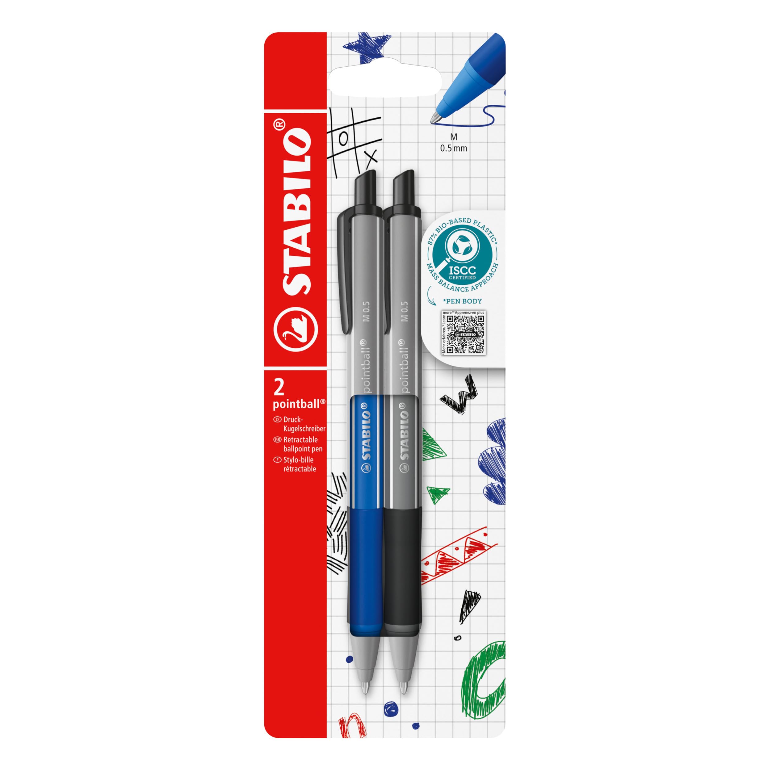 STABILO pointball colorful - Ballpoint Pen - Pack of 2 - Ultramarine and Dark Grey