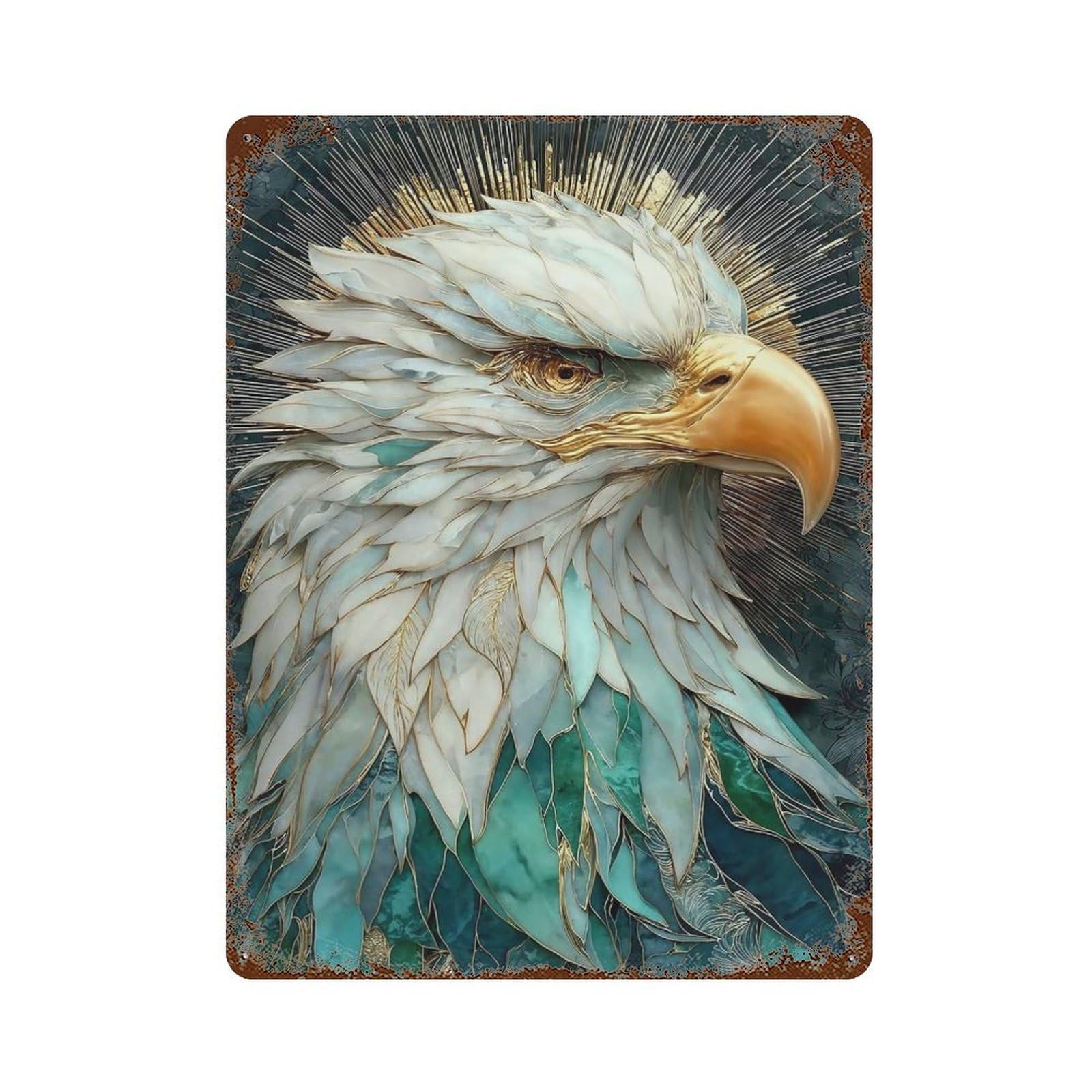 Rust Effect Elegant Eagle Portrait with Golden Accents Vintage Rust Metal Sign 15.7"x11.8", Classic Wall Plaque for Shed, Workshop And Garage Wall Decor
