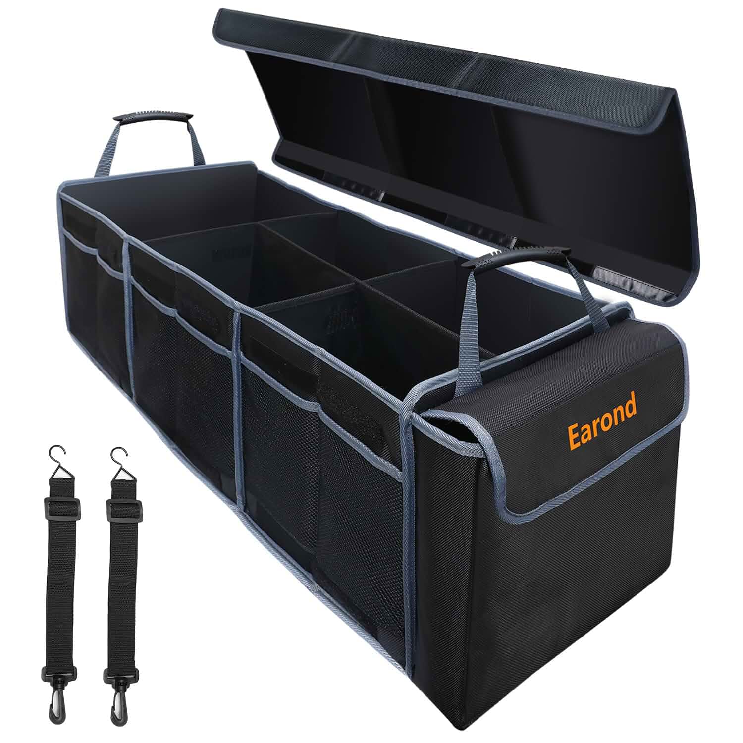 Car Trunk Organizer with Lid,Collapsible Car Storage Organizer with Multi Compartments and Securing Straps for SUV,Sedan,Jeep-Black & GreyPolyester