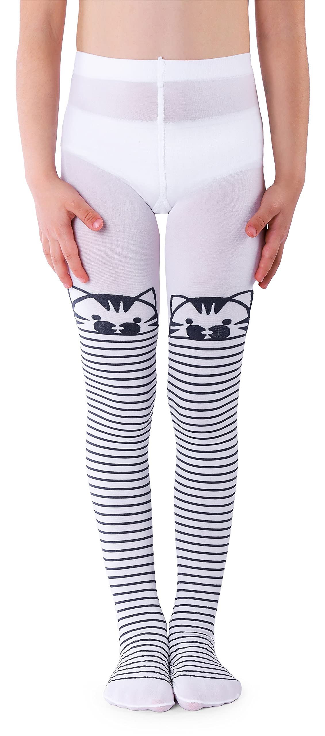 Noq Girls Cat Bianco Fancy Printed Tights Patterned Footed Pantyhose 40 Den Dance School Animal Print Over Knee Socks Imitation, 7-8 Years (122-128)