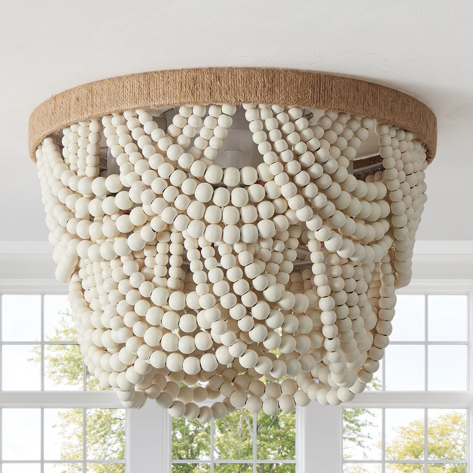 Photo 1 of Csetuay White Boho Mini Chandelier 2-Tier Wood Beaded