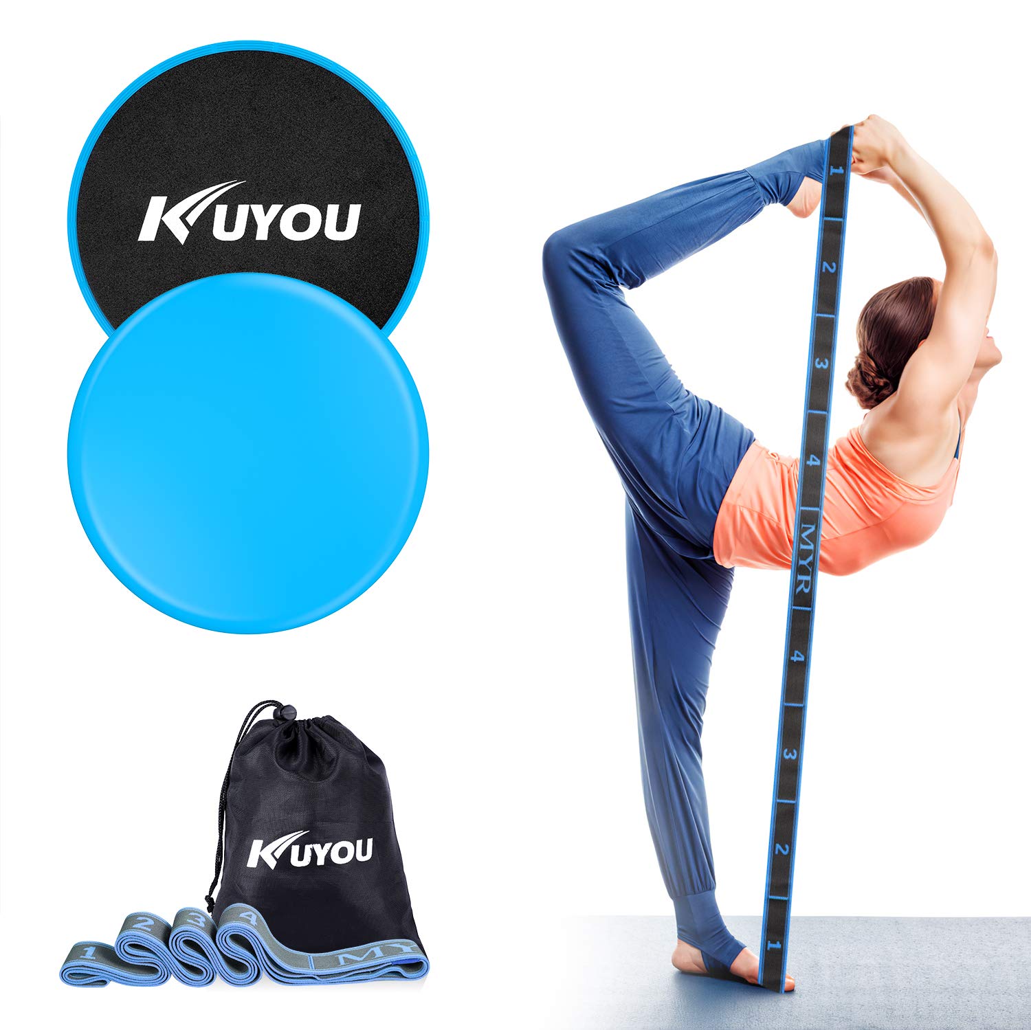 Resistance Bands and Exercise Sliders Fitness Kit, 9 Loops High Elastic Yoga Pilate Band Workout Stretch Strap and 2pcs Gliding Discs Core Sliders Home Gym Travel Small Fitness Equipment for Men Women