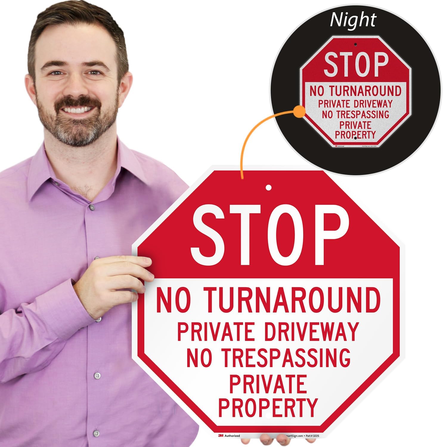 SmartSign 18 x 18 inch “Stop - No Turn Around, Private Driveway, No Trespassing, Private Property” Octagon Metal Sign, 80 mil Aluminum, 3M Laminated EG Reflective, Red and White, Made in USA