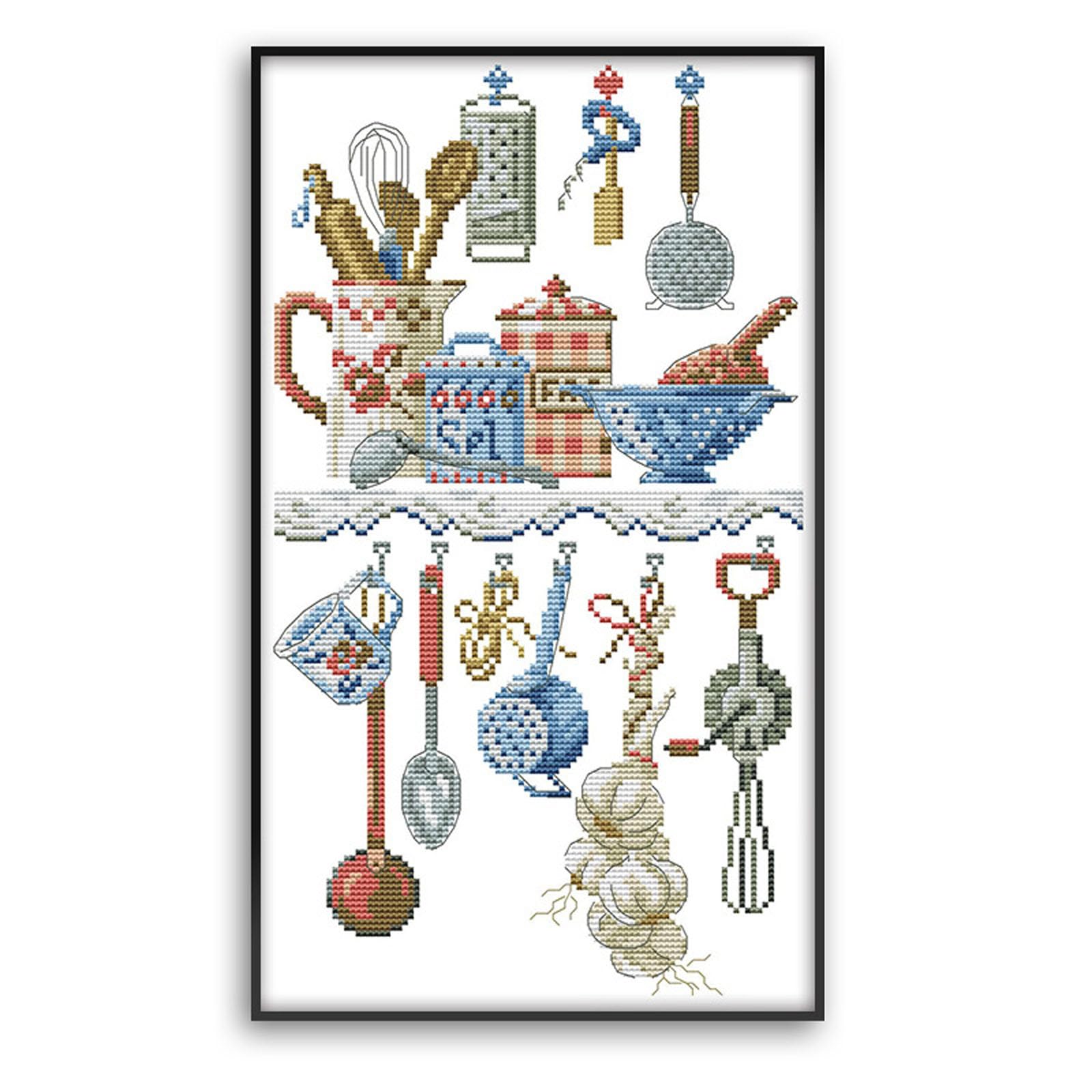 Tazweeq Cross Stitch Kit Stamping Full Series Embroidery Starter Kit, 11CT 3 Strand Kitchen Utensils Easy Pattern Cross Stitch, Printing or Counting, DIY Embroidery Kits for Beginners (29 * 48cm)