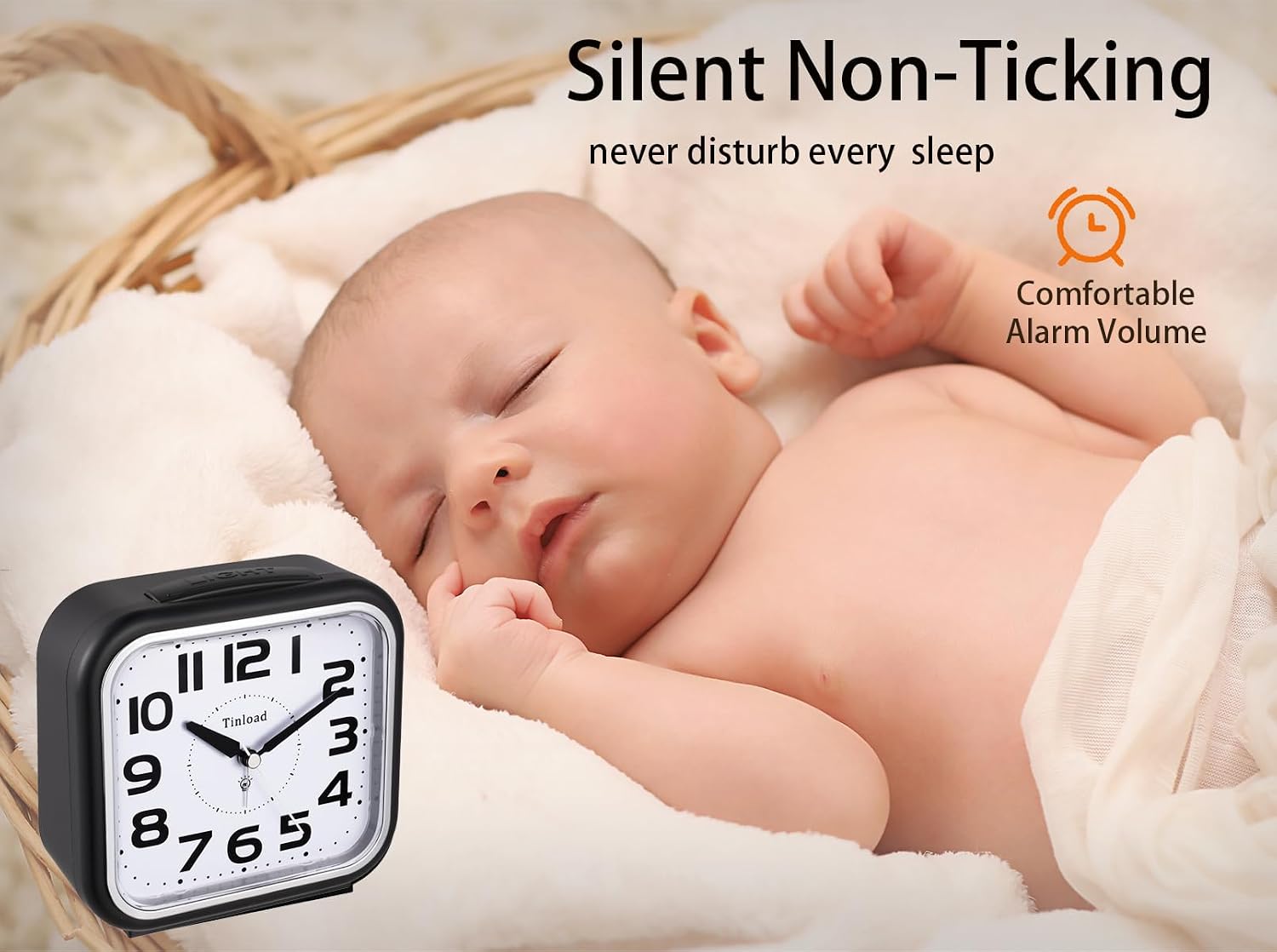 Tinload 5.5" Loud Bell Alarm Clock for Heavy Sleepers Adults, Silent No Ticking,Snooze,Lighted on Demand,Battery Operated Alarm Clocks for Bedrooms (Black)