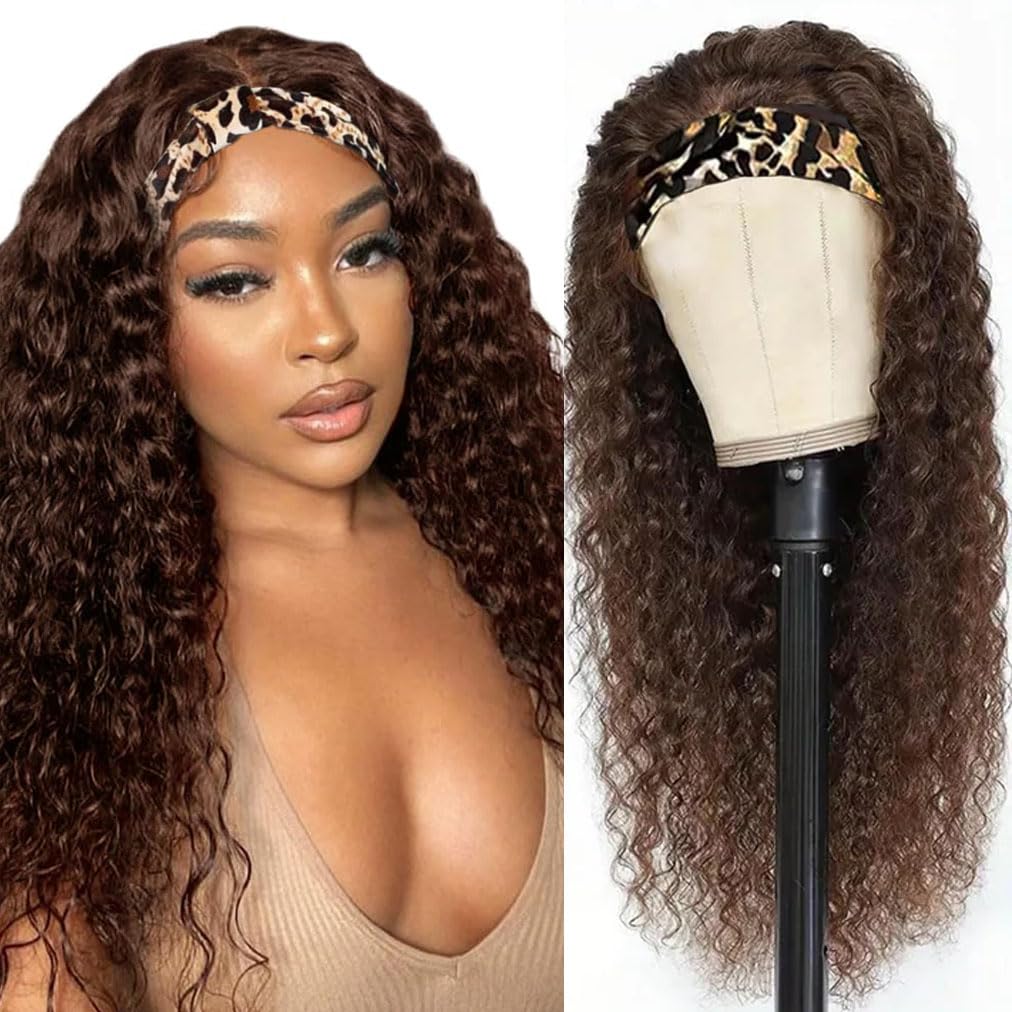 NICMISS Chocolate Brown Headband Wig Human Hair Deep Wave Human Hair Wigs for Black Women 24 Inch Curly Headband Wig Glueless None Lace Front