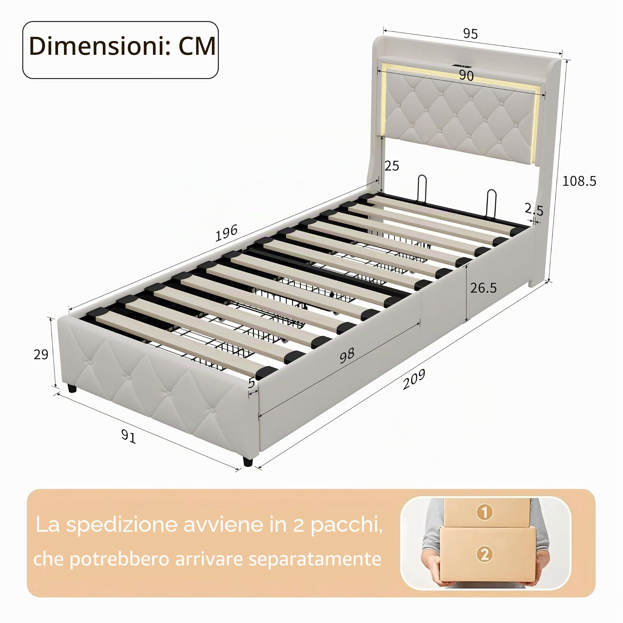 90x200 Letto Singolo Imbottito con 2 Cassetti di Riordinamento, LED e Porta USB - 90x200 cm Struttura per Letto a Una Piazza con Testata Imbottita e Rete a Doghe