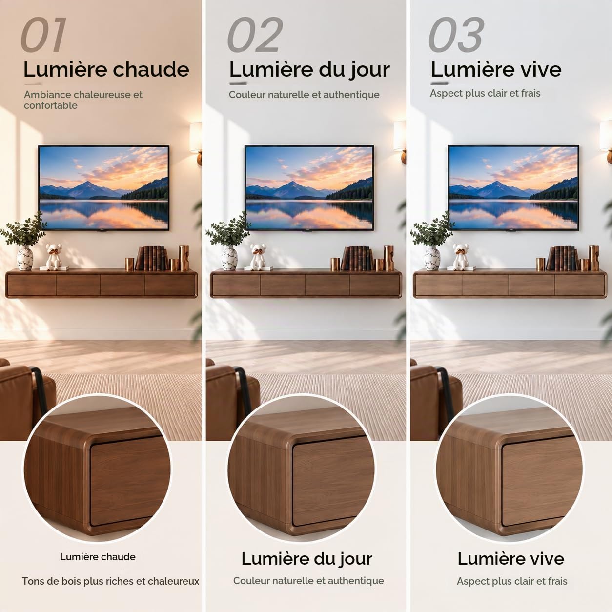 Meuble TV en Bois Massif,160–240CM Meuble TV Suspendu, Meuble Bas pour TV Mural, Adapté au Salon et à la Chambre（Noyer 200CM）
