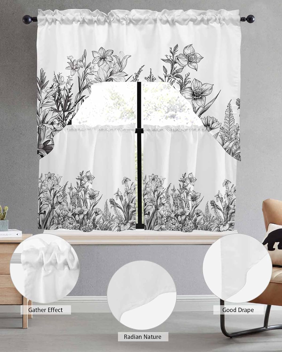 Wildflower Leaf Kitchen Curtains Sets for Windows 3 Piece, Grey Floral Botanical White Watercolor Kitchen Curtains and Valances Tier Set 36 Inch Length Swag Curtain for Living Room Cafe Bathroom