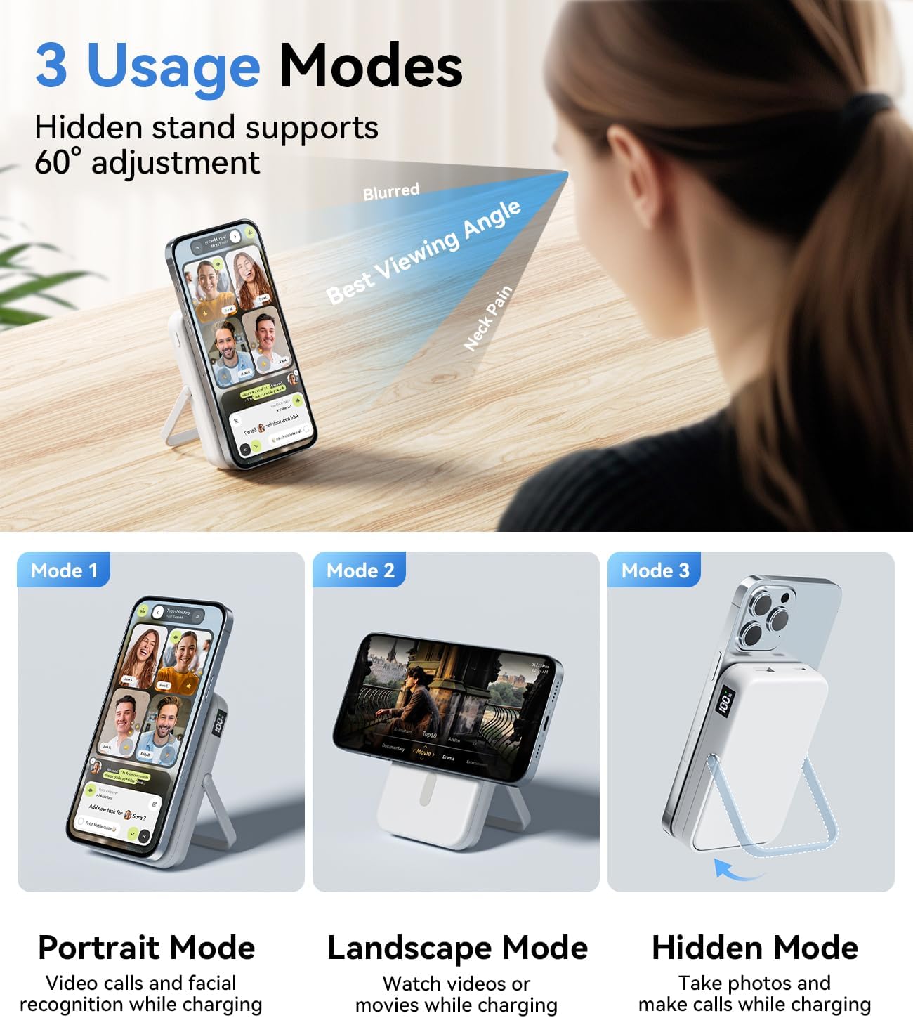 Image illustrating three usage modes of the power bank's stand: Portrait Mode, Landscape Mode, and Hidden Mode.