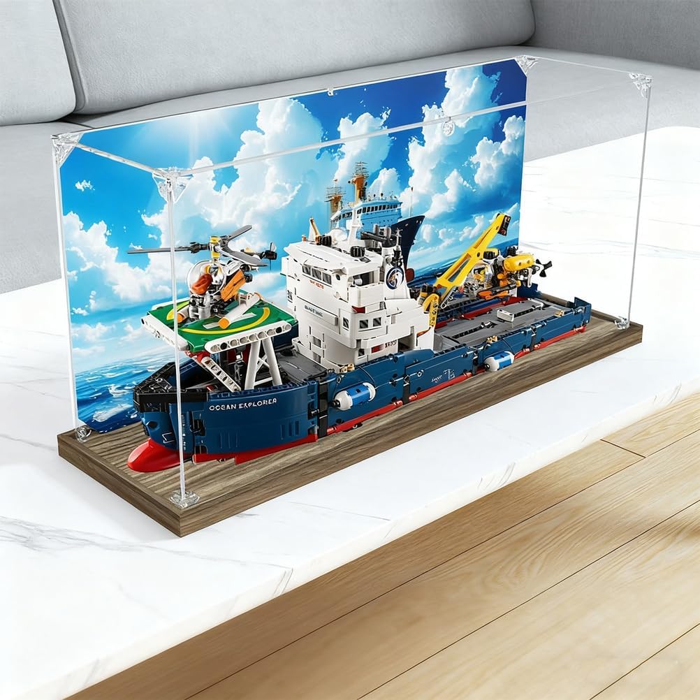 Acrylic Display Case for Lego 42064 Ocean Explorer Ship Building Toy, Transparent Dustproof Box 22.8x6.3x10.6in, 3mm Thick Acrylic Cover with 20mm Brushed Base, Snap-On Connectors