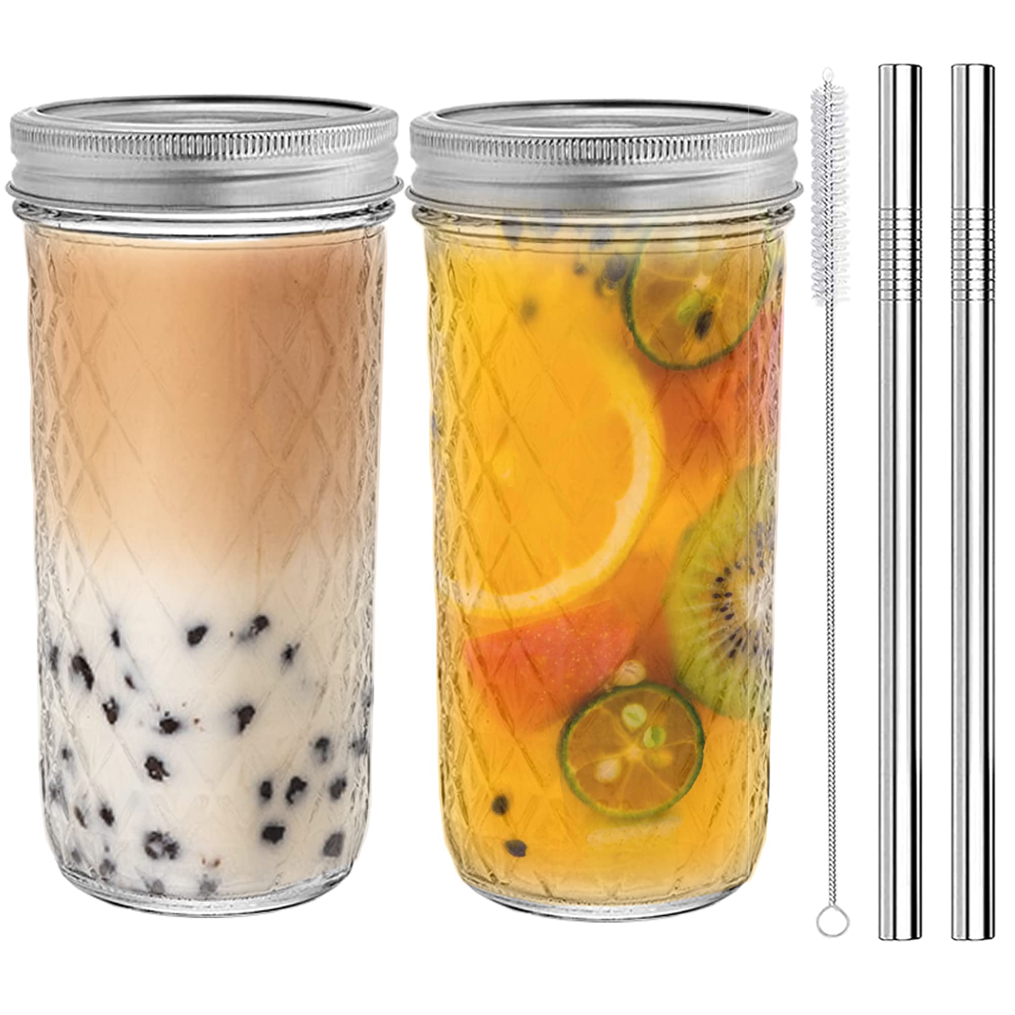 Buy 2 Pack Mason Jar Cups with Lids and Straws,24oz Diamond Texture