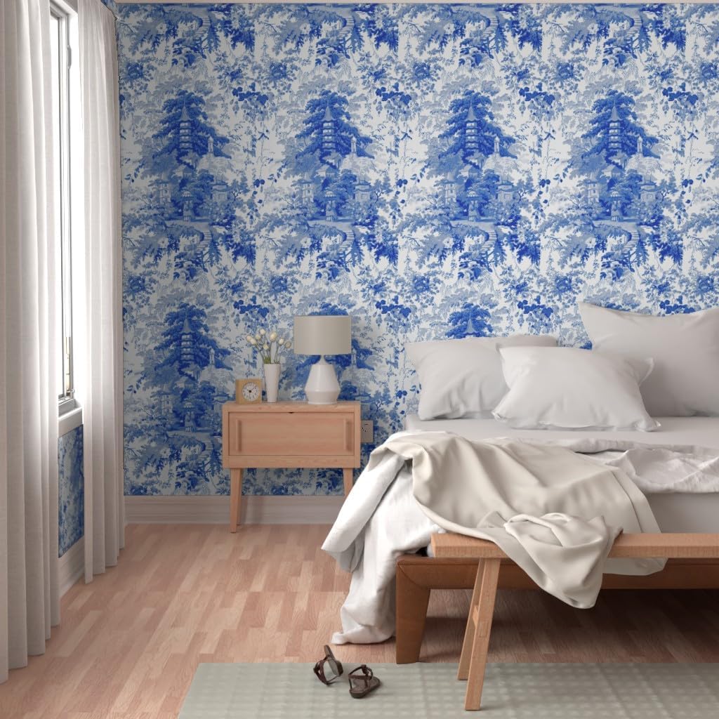 Peel & Stick Wallpaper Swatch - Chinoiserie Willow Blue White Toile Chinese Nature Garden Botanical Decor Home Kitchen Abstract Custom Removable Wallpaper by Spoonflower