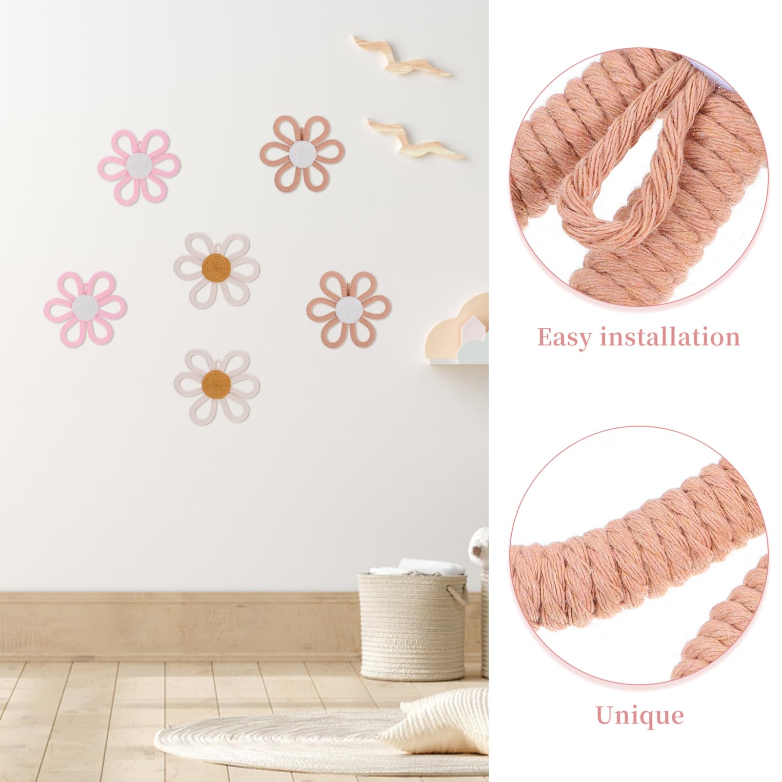 Mikinona 6 Pièces Décor Floral Tissé à Suspendre pour Chambre Décoration Murale Fleurs Artisanales pour Créer une Joyeuse et Accueillante