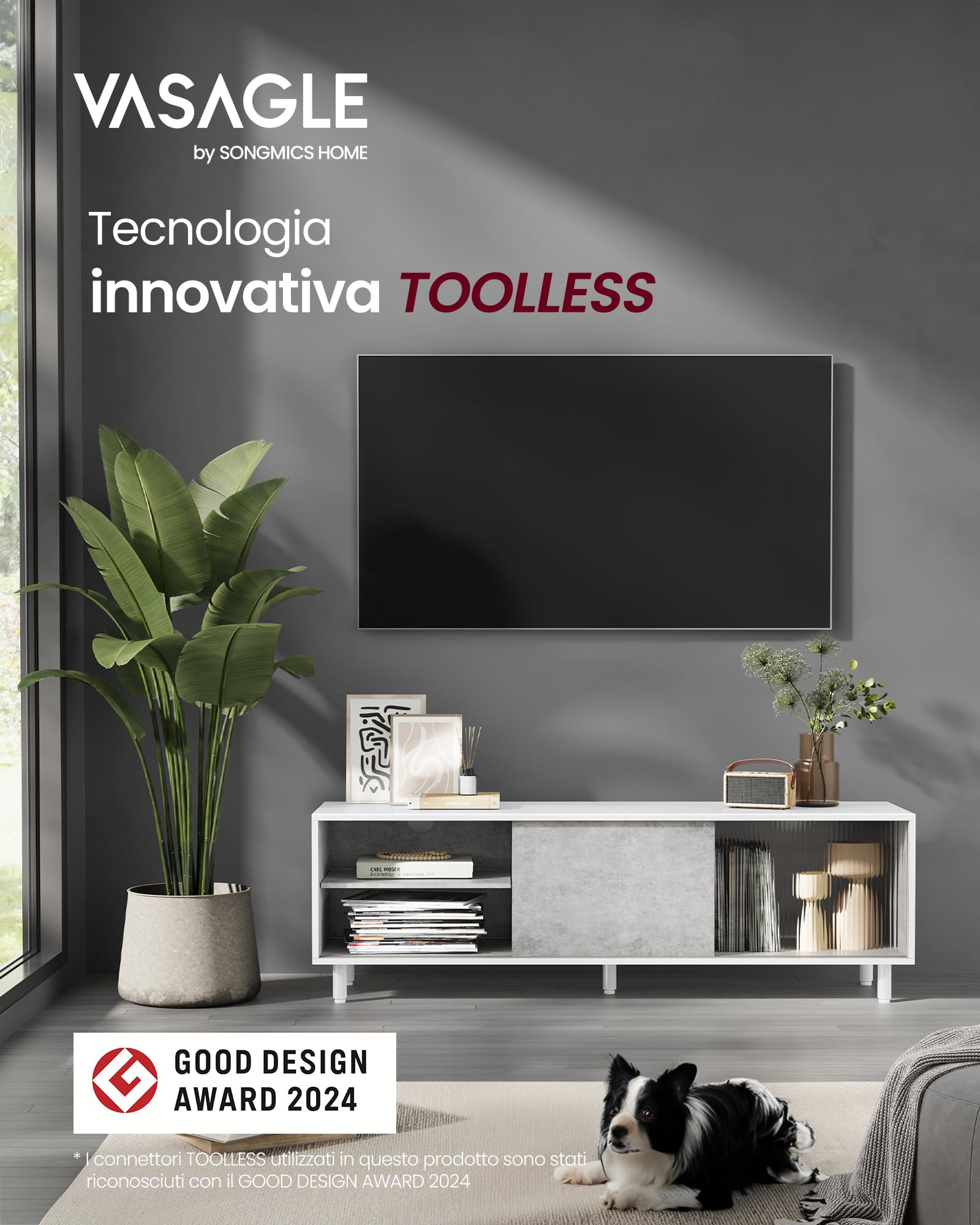VASAGLE Montaggio Veloce senza Utensili Toolless, Mobile TV per Televisore fino a 60 Pollici, per Soggiorno, Vetro Scanalato, Moderno, 140 x 39 x 45 cm, Bianco Nuvola e Grigio Cemento LTV466W03