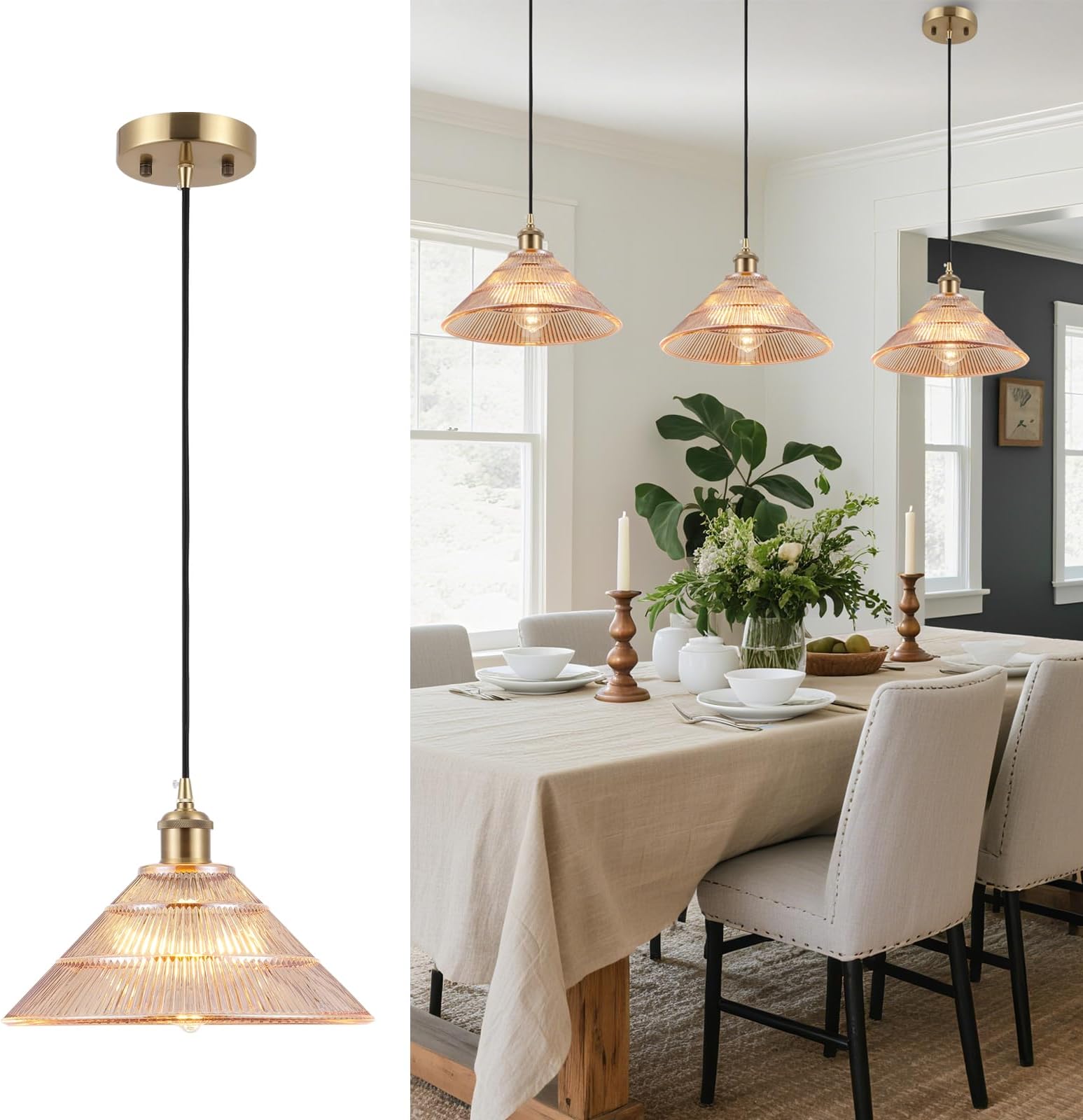 Modern Kitchen Island Pendant Light 11.81 Inches Amber Striped Glass Shades Brushed Brass Gold Large Hanging Lamp Dining Room Farmhouse Adjustable Ceiling Hanging Light Fixture Bedroom Hallway