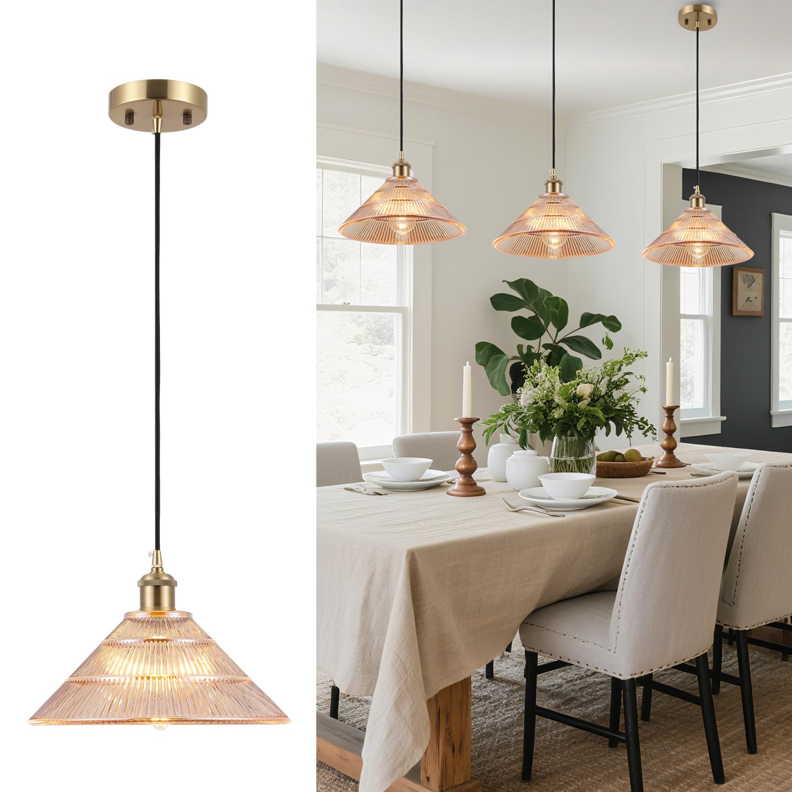 BAODEN Modern Kitchen Island Pendant Light 11.81 Inches Amber Striped Glass Shades Brushed Brass Gold Large Hanging Lamp Dining Room Farmhouse Adjustable Ceiling Hanging Light Fixture Bedroom Hallway