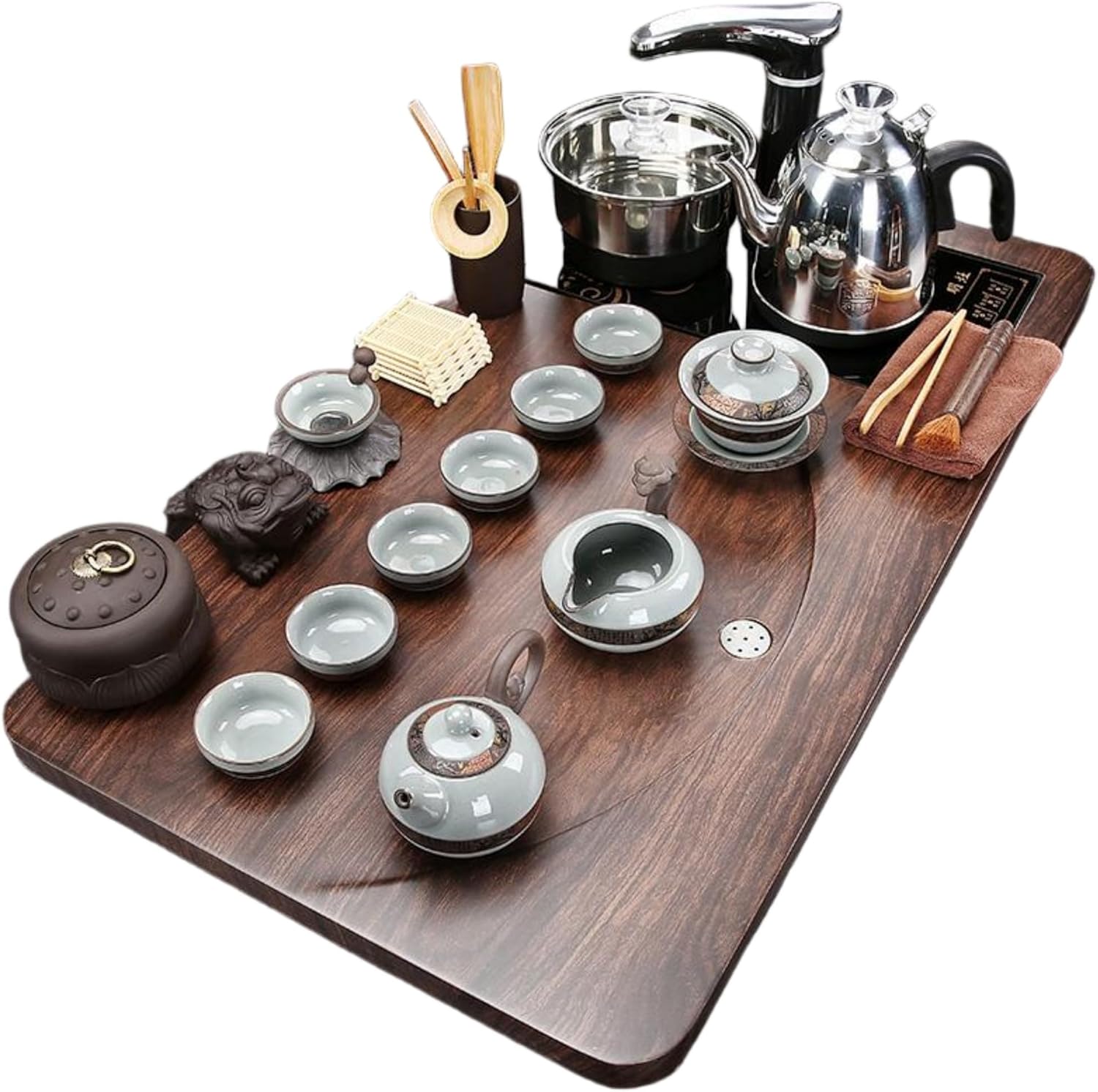 MOYEE Chinese Gongfu Tea Set,Home,Gifting and Office 套装家用茶盘 Chinese Gongfu Tea Tray Fully Automatic Tea Set,全自动烧水一体现代简约 Solid Wood Tea Tray 实木泡茶台办公中号 A1828