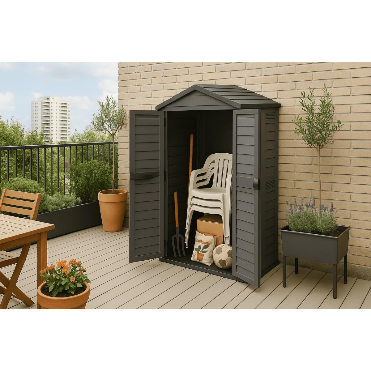 Art Plast – Caseta de jardín exterior, 151 x 83 x 200 cm, color gris antracita, funda de almacenamiento de polipropileno duradero, antiUV, doble puerta y suelo integrado para herramientas y muebles de
